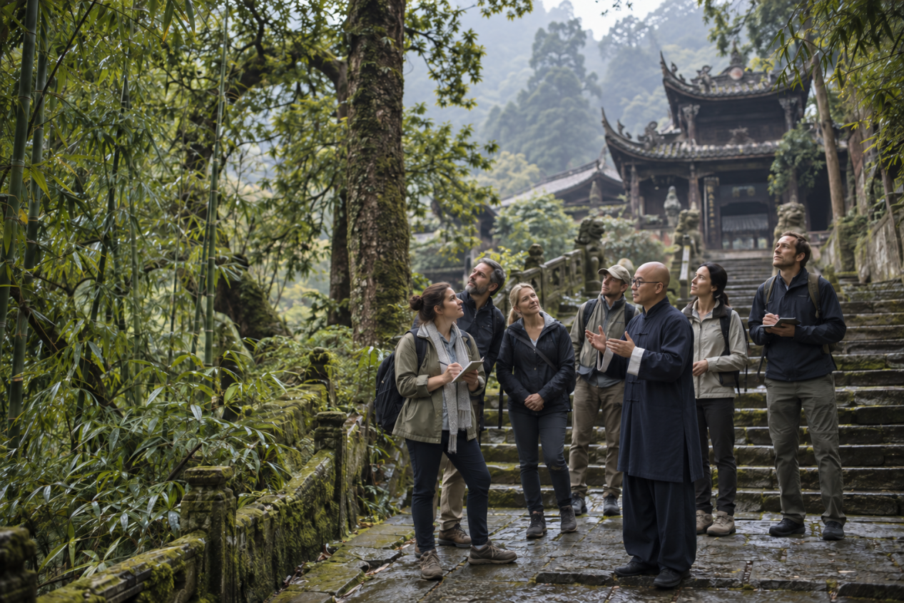 Guests exploring a bamboo mountain temple