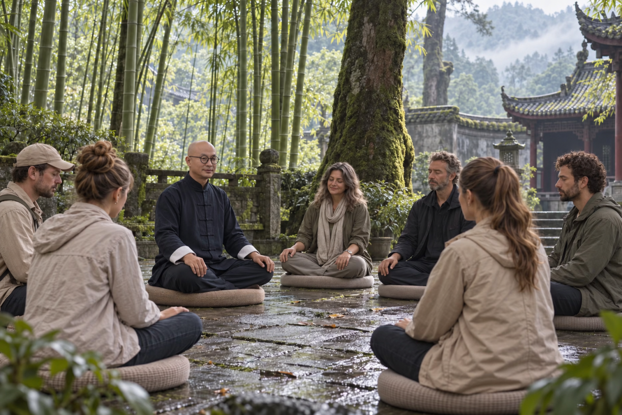 A small-group discussion in a bamboo courtyard