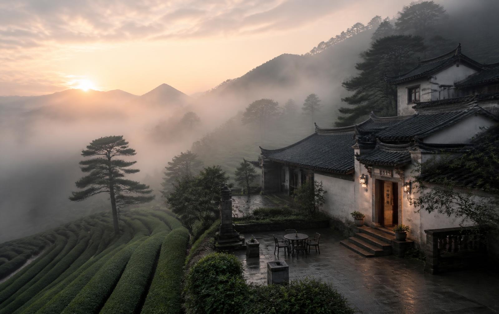 Misty mountain courtyard retreat at dawn above tea terraces